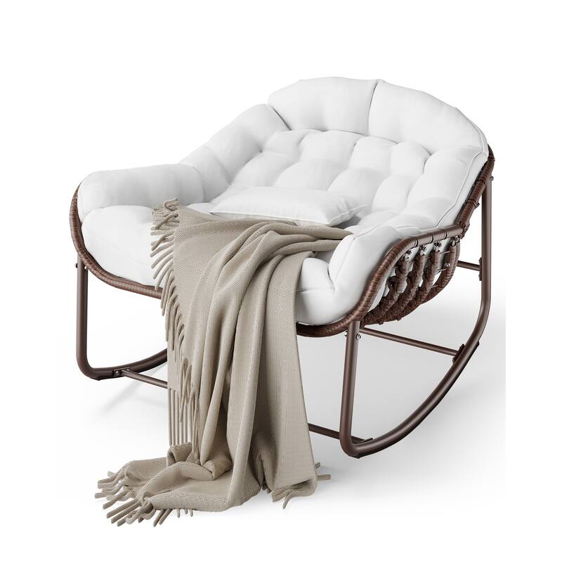 Outdoor Rocking Chair, Oversized Wicker Lounge Chair with Cushion and Metal Frame