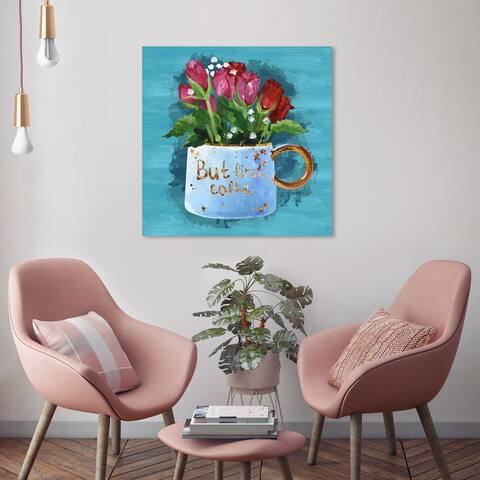 Oliver Gal 'But First Florals' Typography and Quotes Wall Art Canvas Print Quotes and Sayings - Blue, Red
