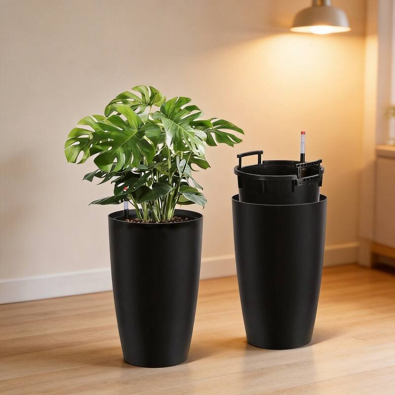 Set of 2 22-in Tall Self-Watering Planters with Water Level Monitor and Inner Bucket for Outdoor Patio Porch and Backyard White - Black