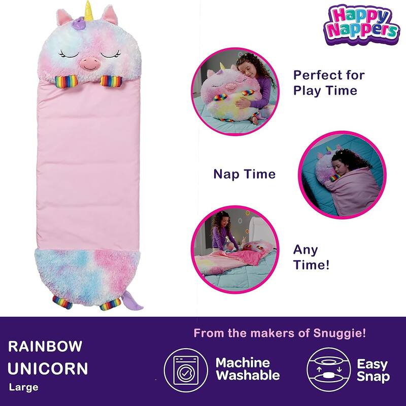 Happy Nappers: Pillow & Sleepy Sack: Large - Rainbow Unicorn - 7+