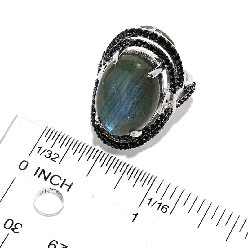 925 Sterling Silver 18x13mm Oval Labradorite, Black Spinal Ring