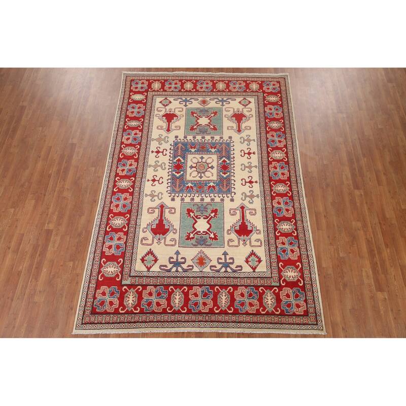 Hand Knotted Oriental 100% Wool Carpet Traditional Geometric Beige & Ivories Kazak Area Rug - 9' 8'' X 6' 6''