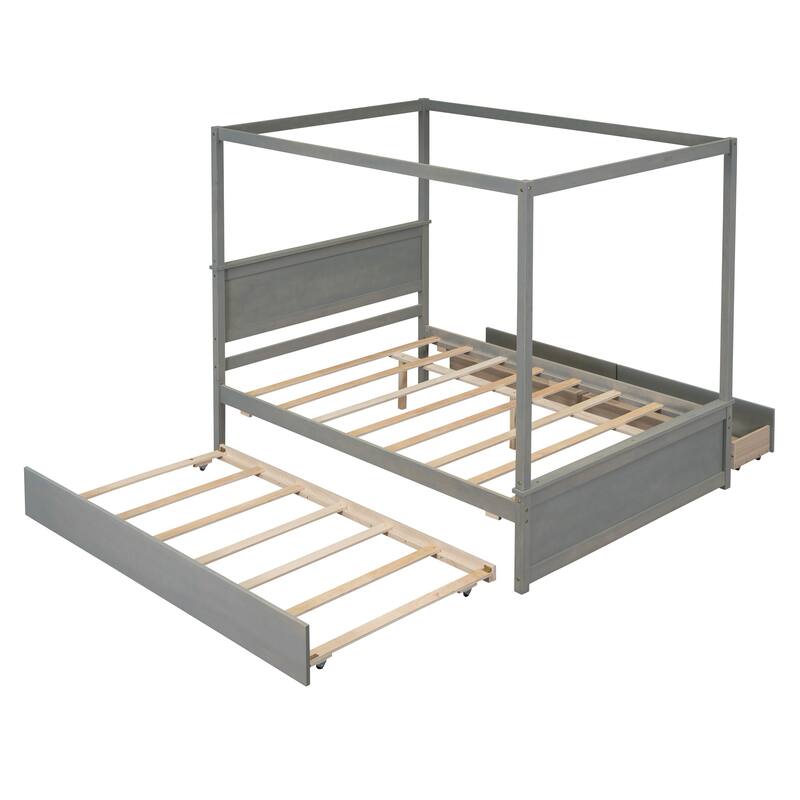 Wood Canopy Bed with Trundle Bed and two Drawers, Canopy Platform bed With Support Slats .No Box Spring Needed