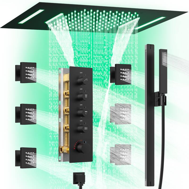 64 LED Thermostatic Shower Faucet 22"x15" Rainfall & Waterfall Shower System 5 Way Digital Display Valve w/ 6 Body Jets