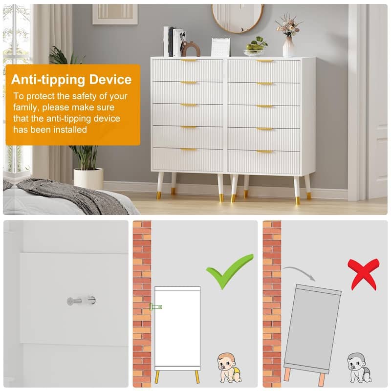Fluted 5 Drawer Dresser, with Gold Metal Handles