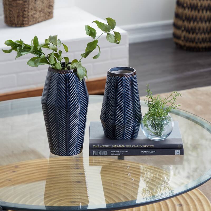 Ceramic Handmade Chevron Vase - Set of 2 Dark Blue - Roche River Decor - 6"W x 6"L x 11"H