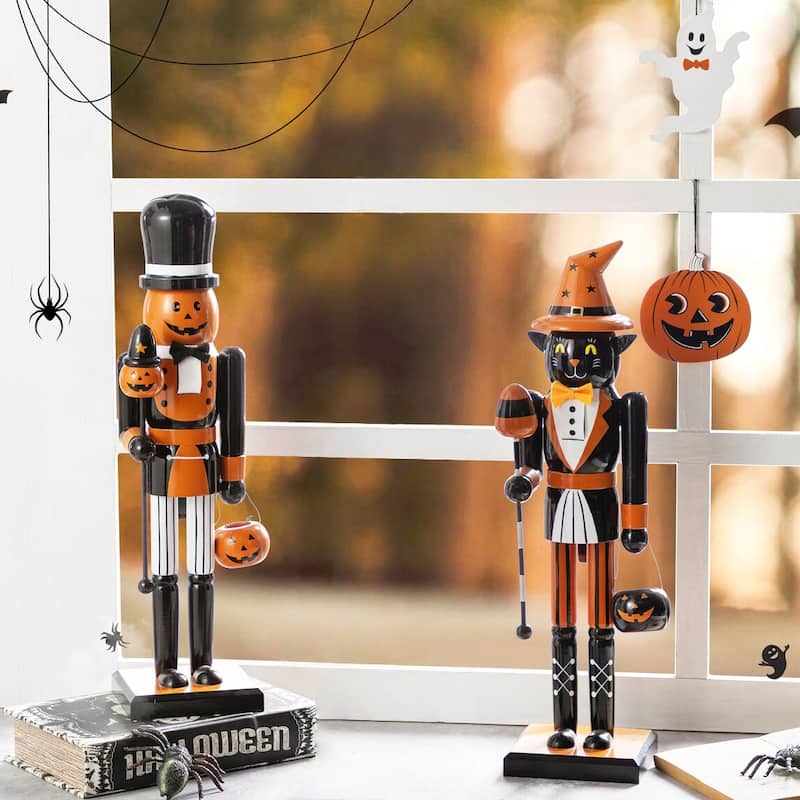 Glitzhome Set of 3 18.5"H Halloween Black Cat/Witch/Pumpkin Wood Nutcracker - Set of 2-Cat & Pumpkin