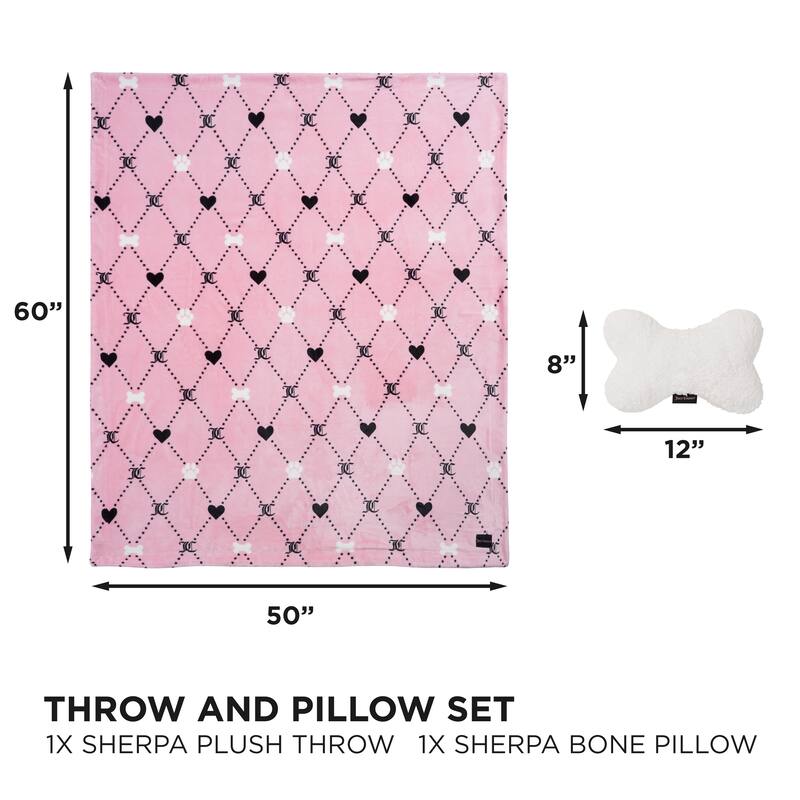 Juicy Couture Paw & Heart Plush Throw and Sherpa Bone Pillow