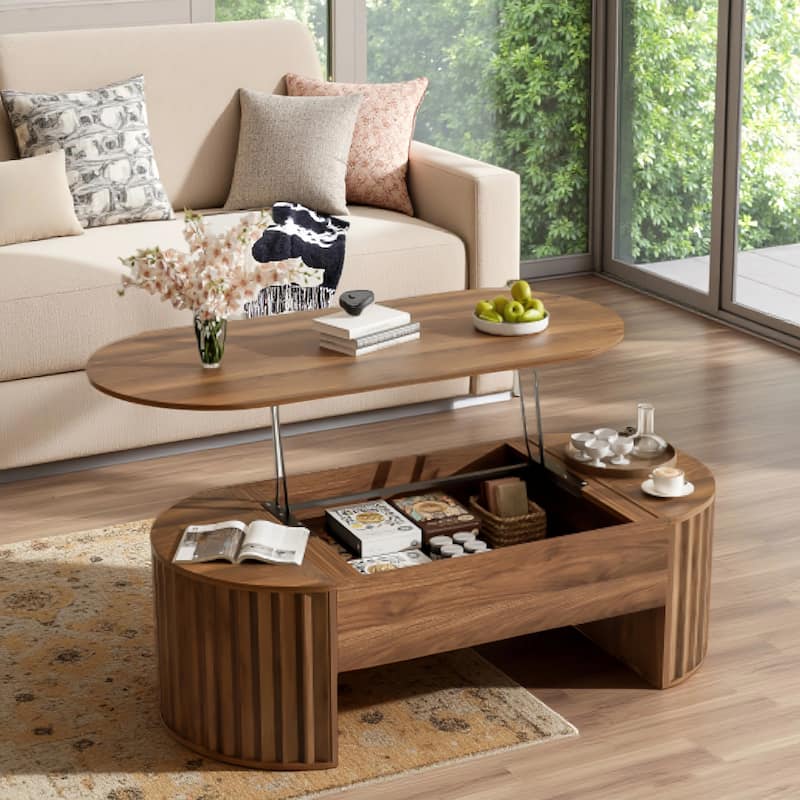 Wood Lift Top Coffee Table with Hidden Storage, 47" Oval Lift Table Top wavy grooves Design Conversation Table