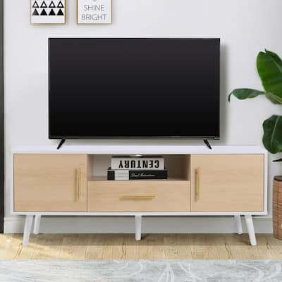Anmytek Mid-Century Modern TV Stand for TVs up to 55 inch, Boho Media Console Table with Storage Cabinet and Drawer