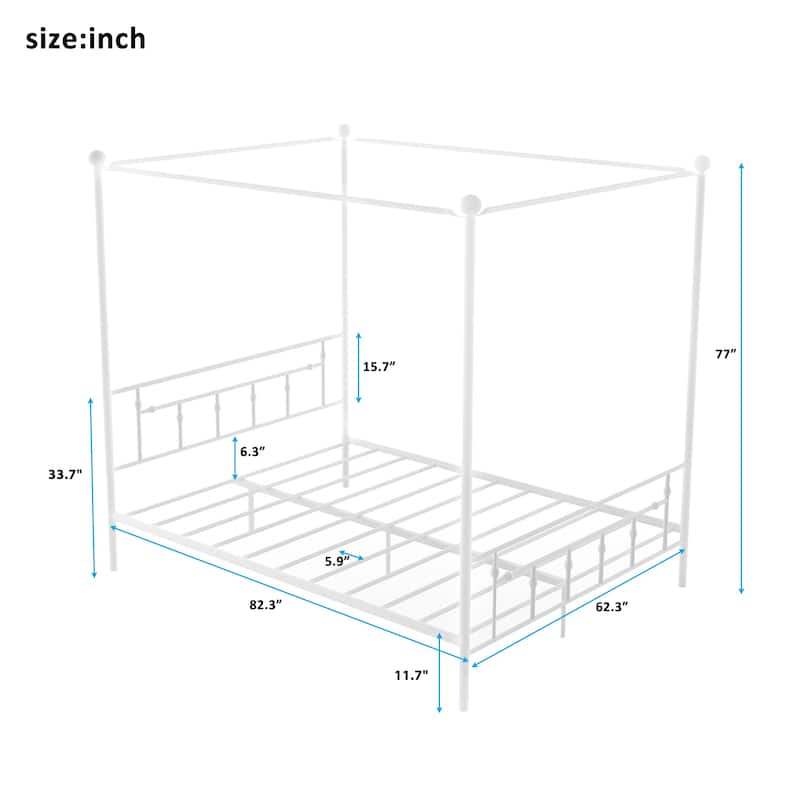 Queen Size Metal Canopy Platform bed with Headboard, Black/White
