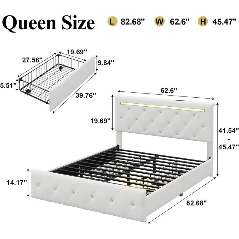 Queen Size Bed Frame with LED Light and Storage Drawers, PU Upholstered Bed Frame with Adjustable Headboard, Charging Station