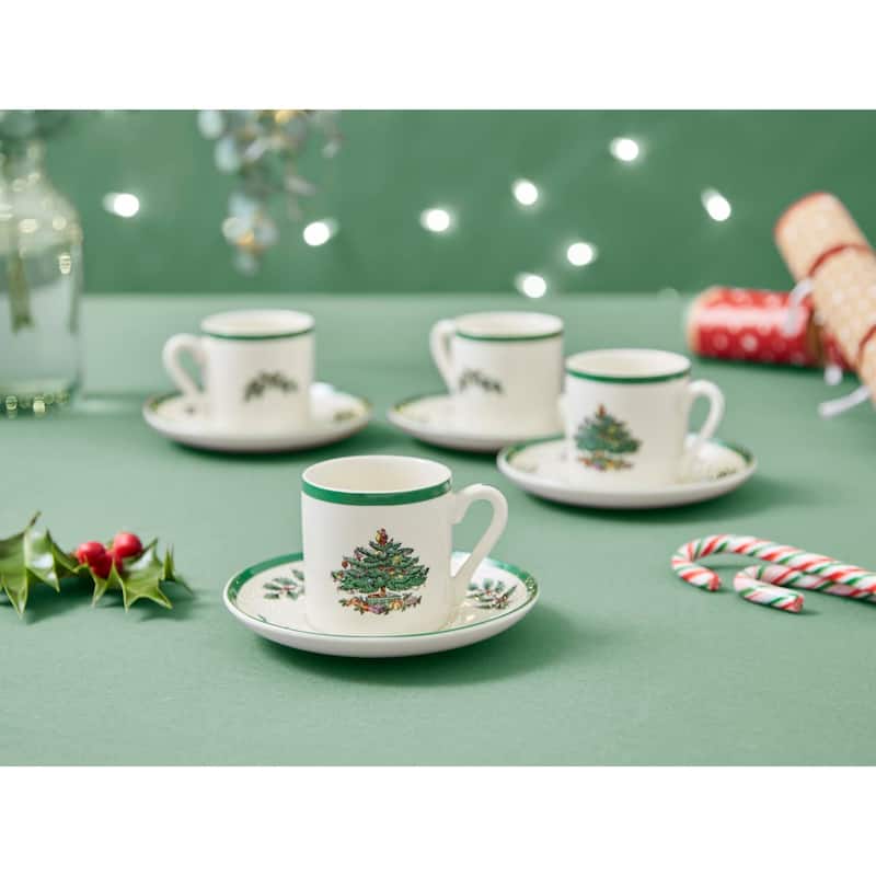 Spode Set of 4 Christmas Tree Espresso Cup and Saucer - 2.25" D x 2.25" H