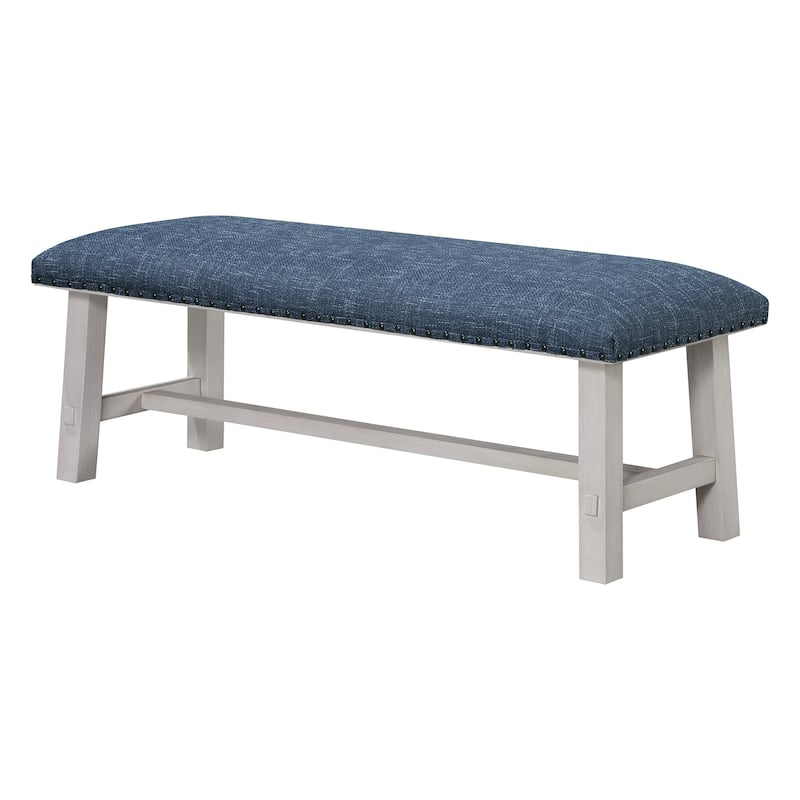 OS Home and Office Furniture Callen Bench with White Wash Frame and Antique Bronze Nailhead Trim in Navy Fabric