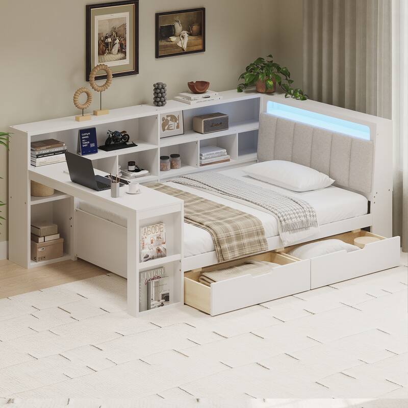 L-shaped Wooden Sofa Daybed with Desk, Bookcase Cabinet, Corner Bed with Under-bed Drawers, Upholstered Headboard Built-in Light - White - Twin
