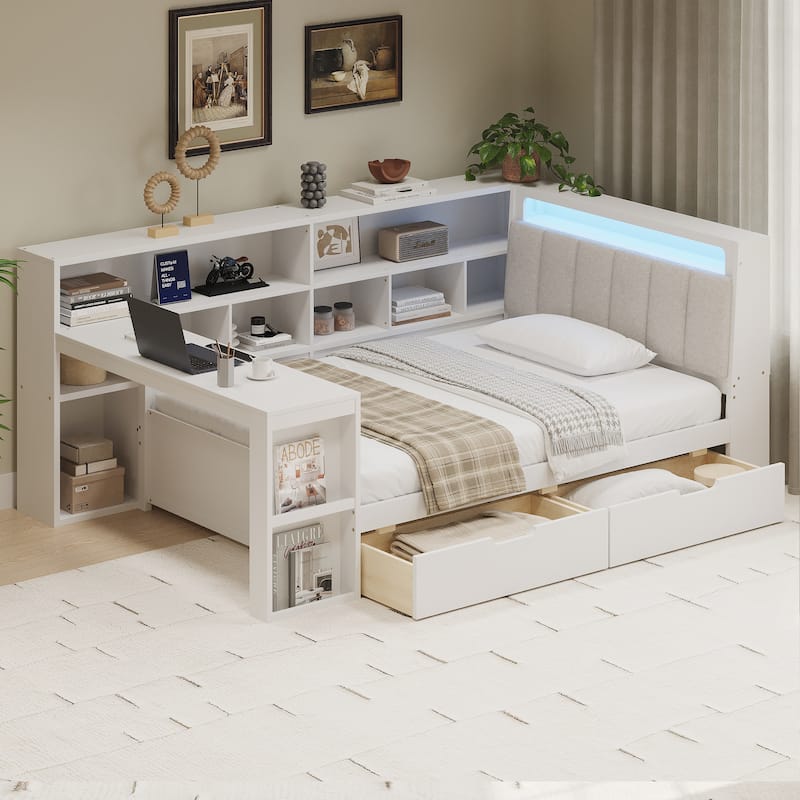 Wood Daybed L-shaped Bookcase Bed with Under-Bed Drawers and Side Bookshelf, Platform Daybed with Desk and Padded Headboard - White - Twin