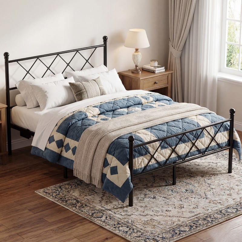 Full Size Metal Platform Bed with RGB LED Lights,Charging Station,Heavy Duty,Remote and App Control,Under Bed Storage