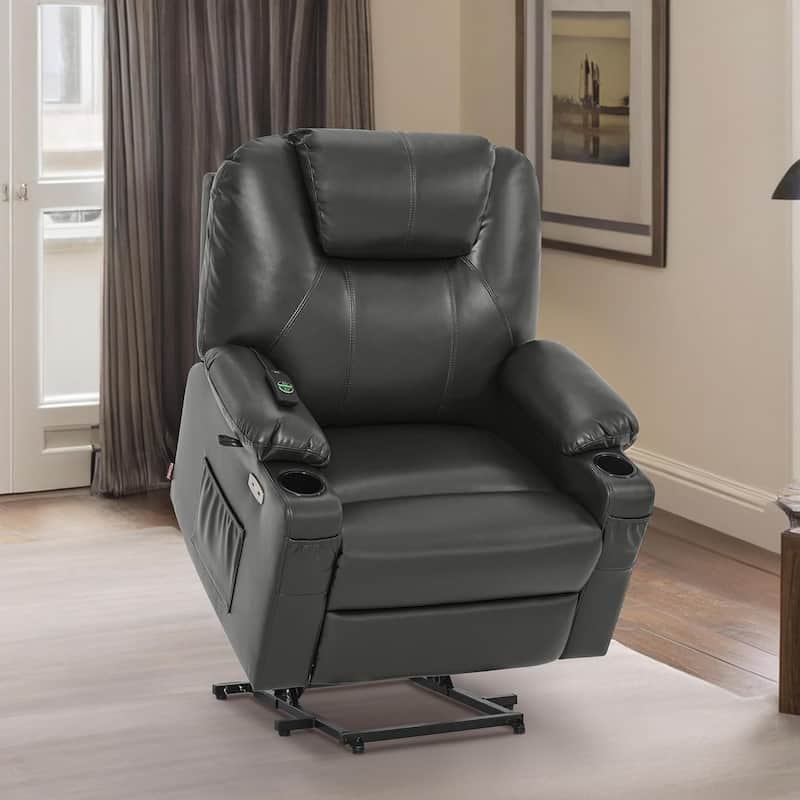 MCombo Medium-Wide Power Lift Recliner Chair Sofa with Massage and Heat for Elderly People, Faux Leather R7045