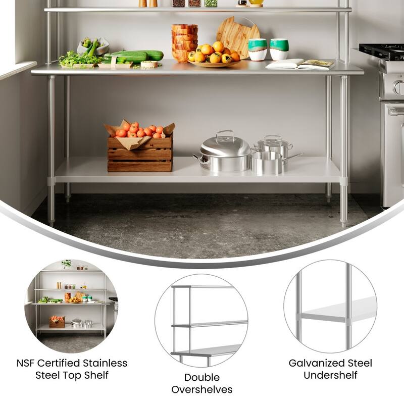 Commercial Stainless Steel Worktable with 2 Overshelves and 1 Undershef