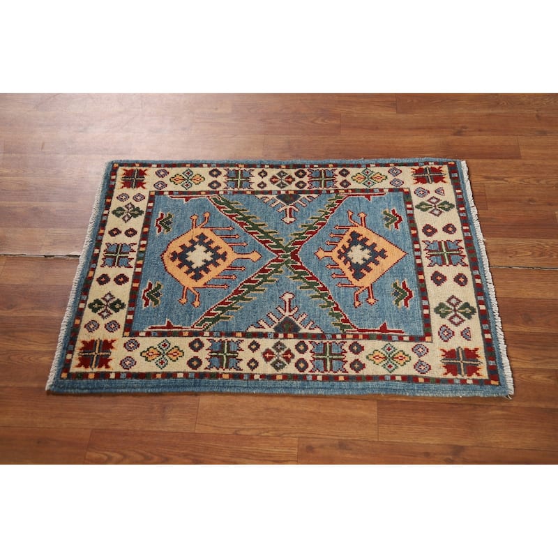 Blue Kazak Oriental Foyer Rug Handmade Geometric Wool Carpet - 2'0" x 3'0"