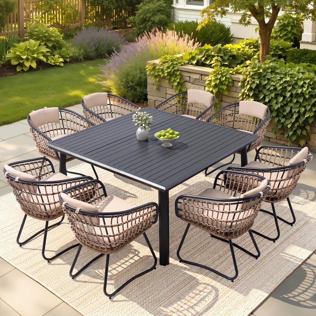 9-Piece Outdoor Patio Dining Set All-Weather Aluminum Square Table with Umbrella Hole and Cushioned Rattan Chairs
