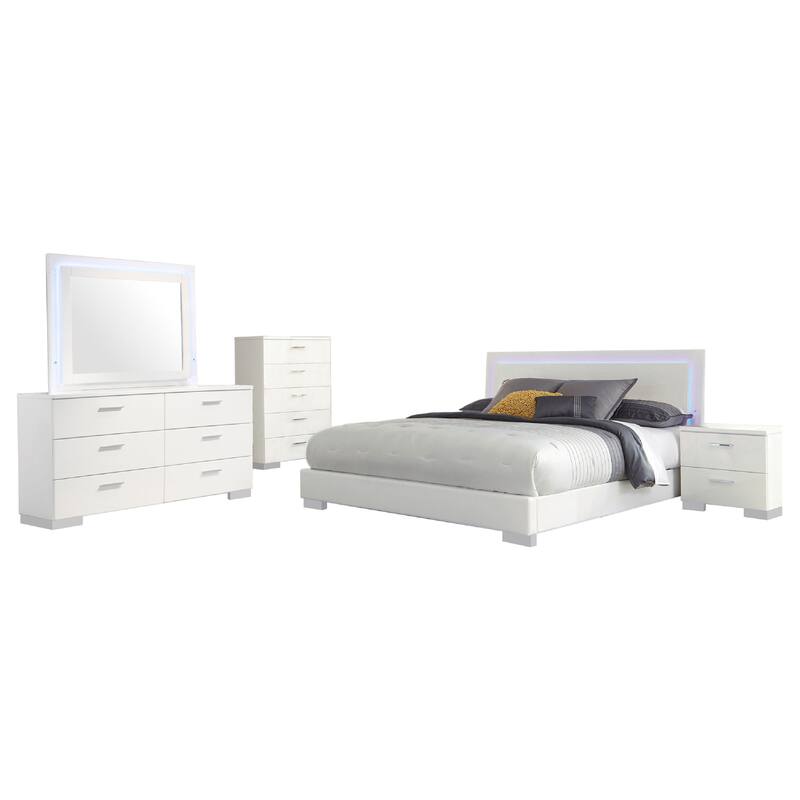 Sok 5pc King Bedroom Set, Blue LED Lights, Faux Leather, White Wood