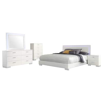 Sok 5pc King Bedroom Set, Blue LED Lights, Faux Leather, White Wood