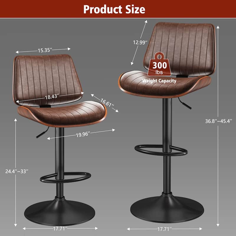 Swivel Adjustable Height Counter Stools, Bar Stools with Backs - 20" W X 18"D X 24-33" H