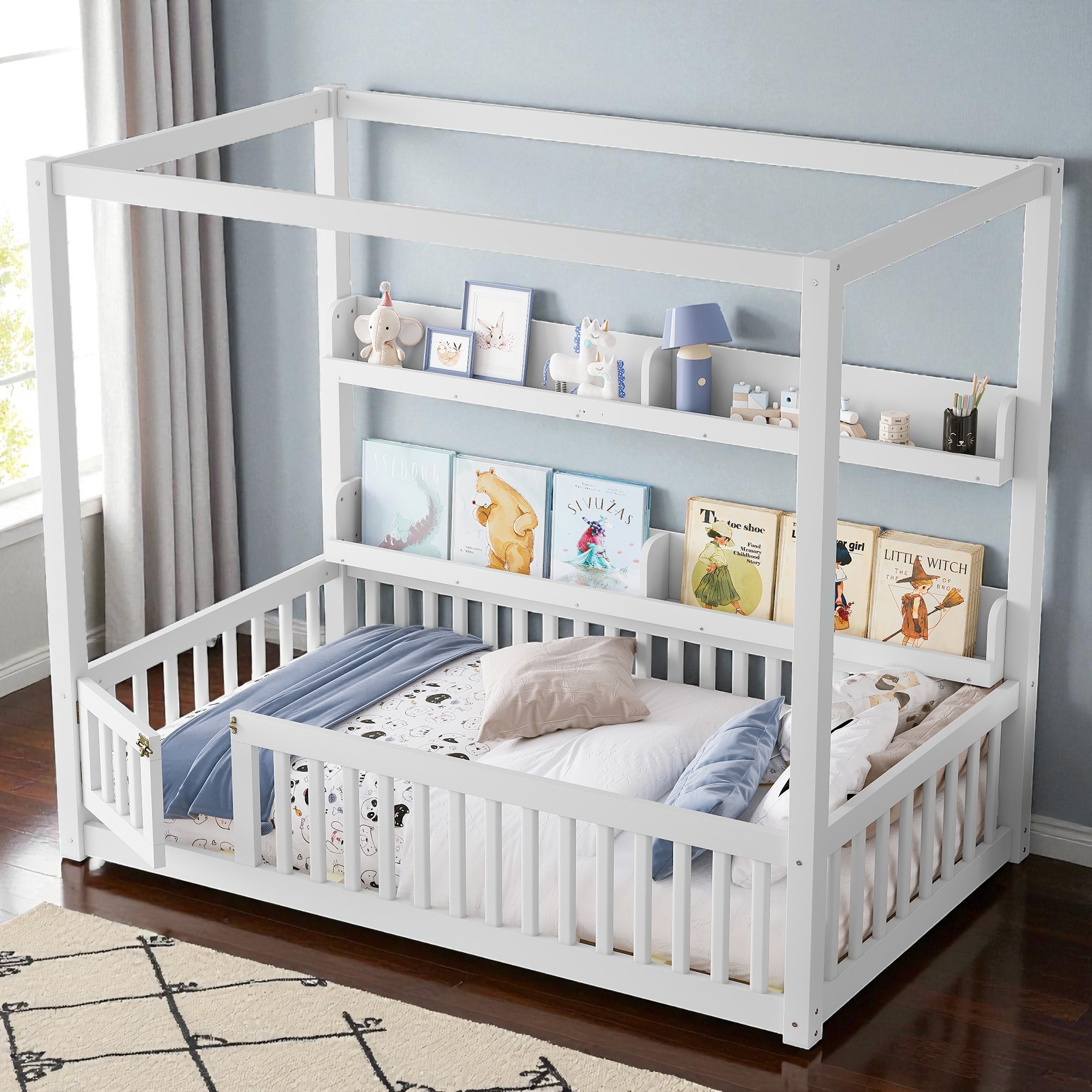 Twin Size Canopy Montessori Floor Bed with Shelves and Guardrails, Solid Wood Low Profile Platform Bed Frame