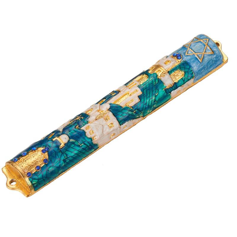 Matashi Hand Painted 5.5" Blue and Ivory Enamel Jerusalem Cityscape Mezuzah Embellished with Gold Accents and Star of David