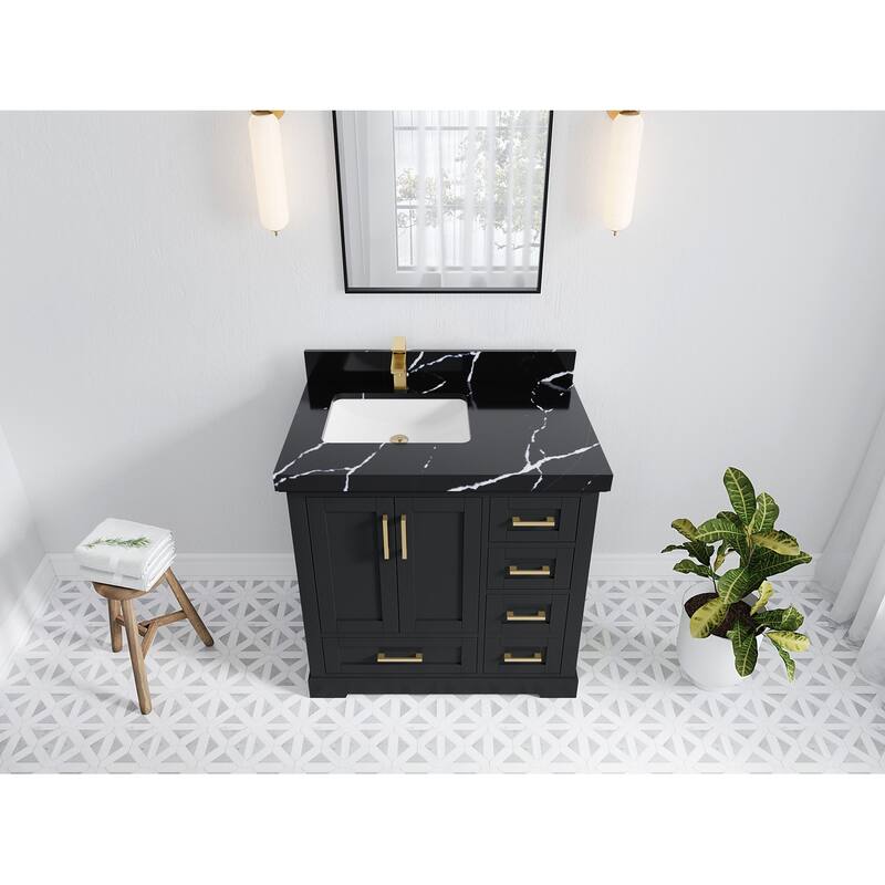 Willow Collections 36 x 22 Boston Left Offset Sink Bathroom Vanity with Quartz or Marble Countertop