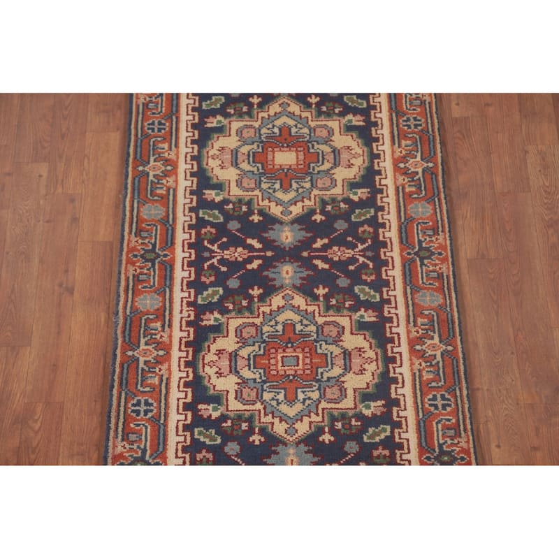 Navy Blue Heriz Serapi Runner Rug Hand-Knotted Wool Carpet - 2'7"x 9'10"