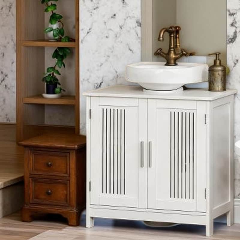 Under Sink Bathroom Cabinet, Freestanding Pedestal Sink Storage Cabinet with Adjustable Shelf and Double Doors