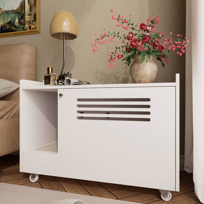 Cat Litter Box Enclosure, Hidden Litter Box Furniture with Wheels, Pet House Decorative Side End Table - White