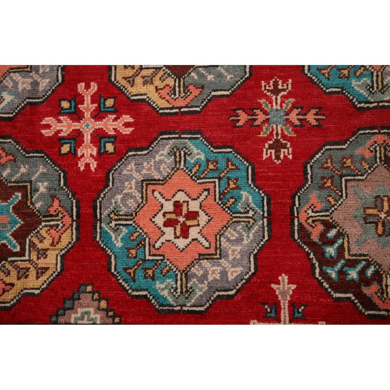 All-Over Red Geometric Kazak Area Rug Handmade Wool Carpet - 6'5" x 9'9"