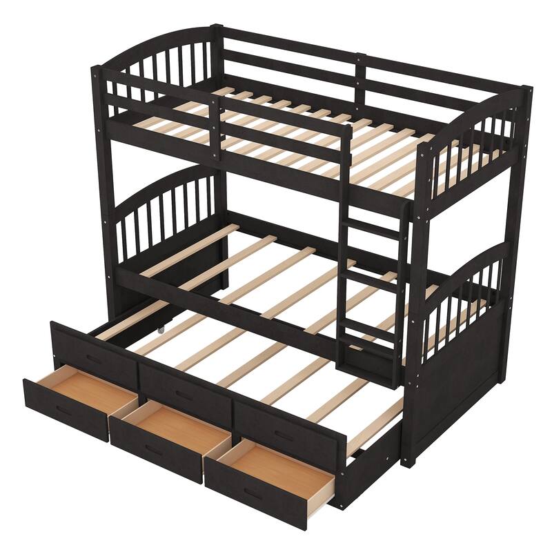 Twin Over Twin Bunk Bed with Trundle and Drawers, Solid Wood Frame, Space-Saving Design