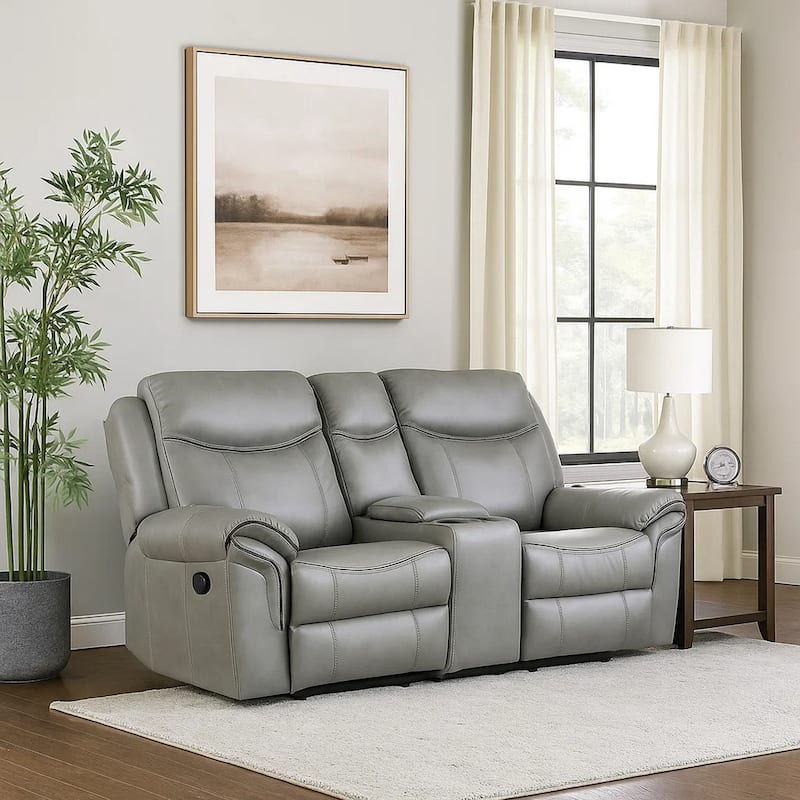 Max 80 Inch Dual Manual Recliner Loveseat, Cupholders, Gray Faux Leather