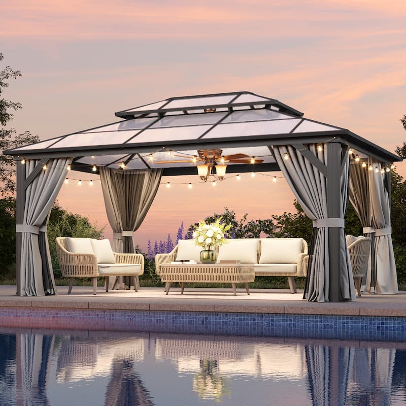 Hardtop Gazebo, Aluminum Frame Permanent Pavilion with Curtains and Netting - 16'x12' - Grey