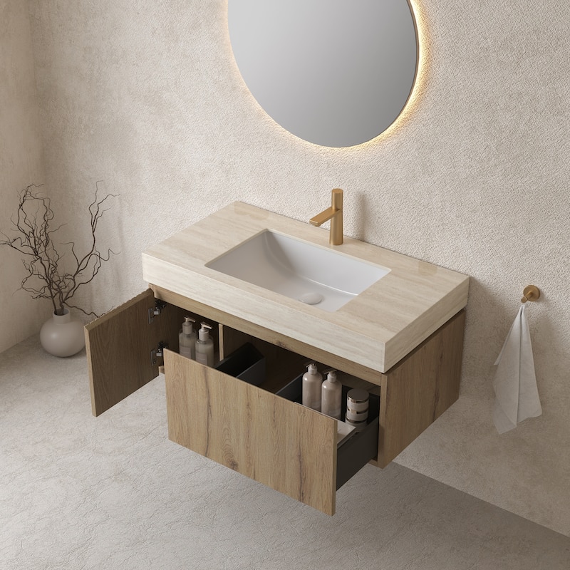 36" Bathroom Vanity with Sink, Wall-Mounted Plywood Bathroom Storage Cabinet with Drawer & Door