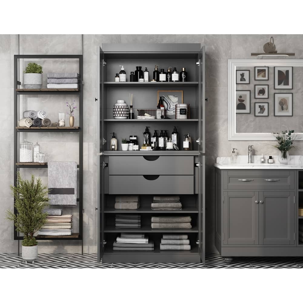 Palace Imports 100% Solid Wood Bathroom Storage Cabinet, Shaker Doors, 2 Drawers, Adjustable Shelves, 32" Wide, 71.5" Tall
