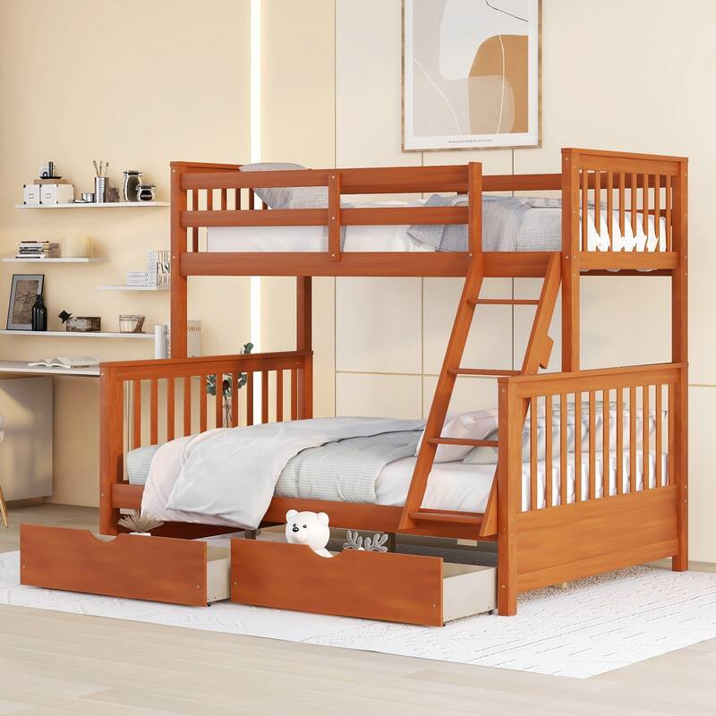 Twin-Over-Full Bunk Bed with 2 Storage Drawers and Ladder, Convertible 2 in 1 Wood Bedframe for Bedroom, Dorm, for Teens, Adults