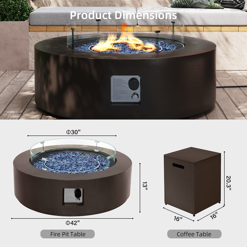 Patio Watcher Outdoor 42in. Iron Fire Pit Table with Propane Tank Cover and Glass Wind Guard