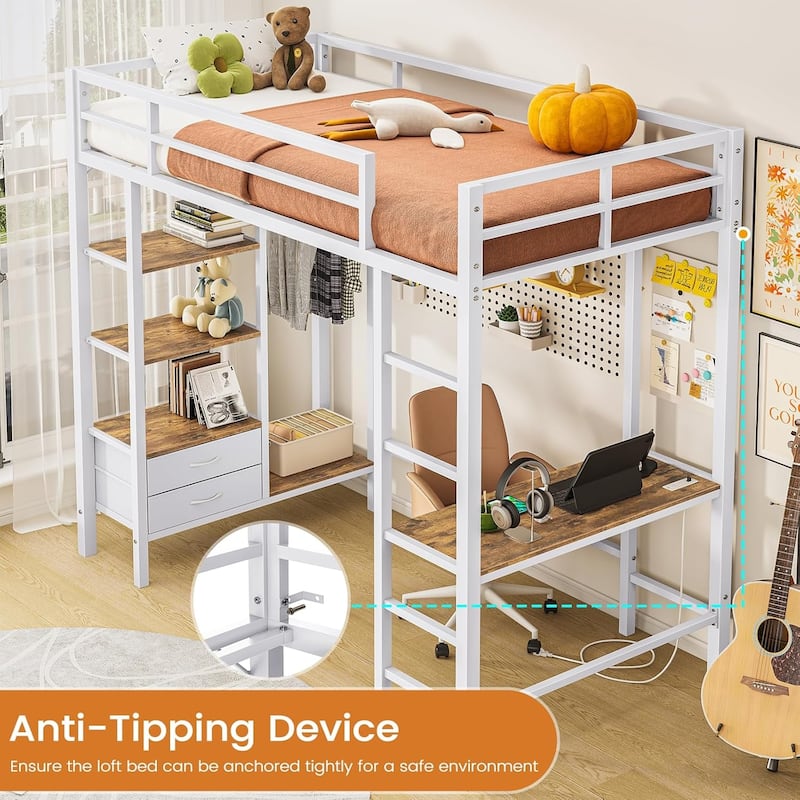 Loft Bed with Desk Gaming Bunk Bed LED Lights Charging Station