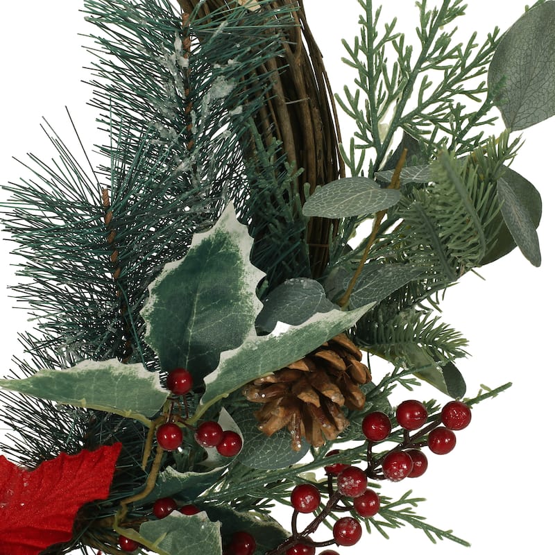 23.5" Poinsettia/Berry/Eucalyptus Half Wreath - Green Leaves