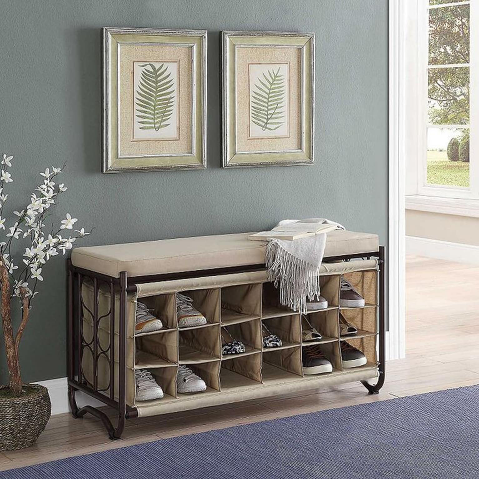 Davee Furniture fabric storage cubbie bench with 18 boxes for shoes storage - 17.38" x 39.5" x 22.25"