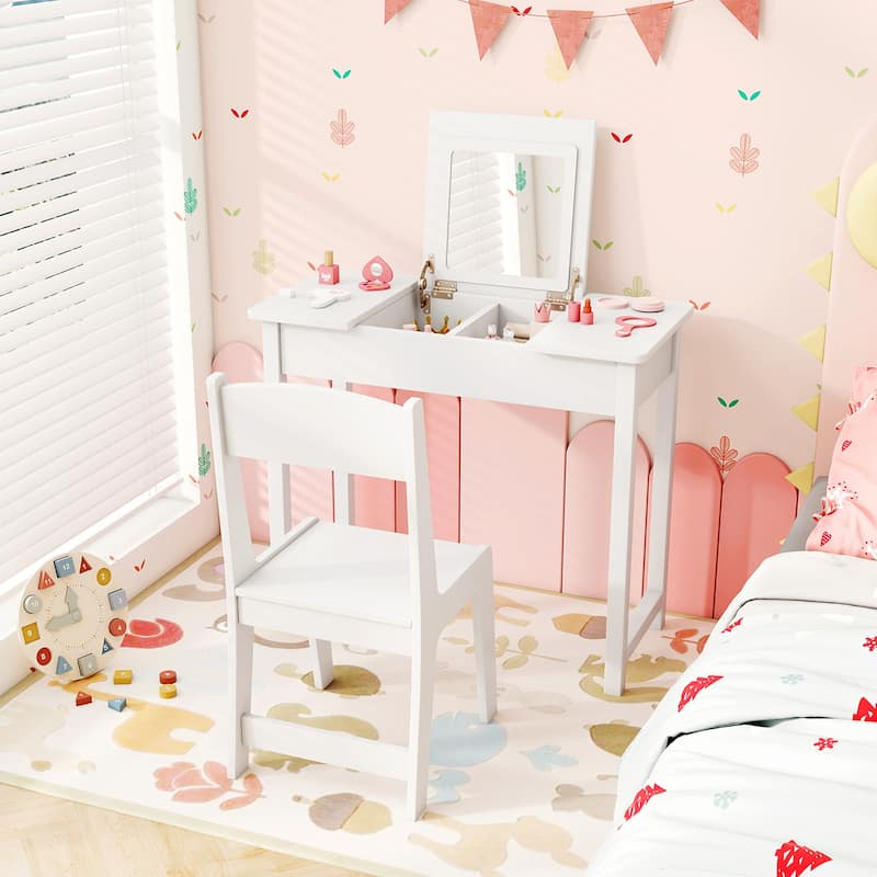 Gymax Kids Vanity Table & Chair Set 2-in-1 Princess Makeup Dressing