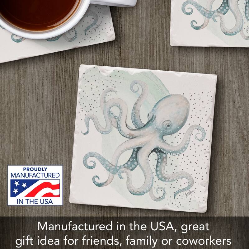 Octopus 4 Pack Absorbent Stone Coasters with Cork Backing 4" Square Made in The USA Absorbent Wipes Clean