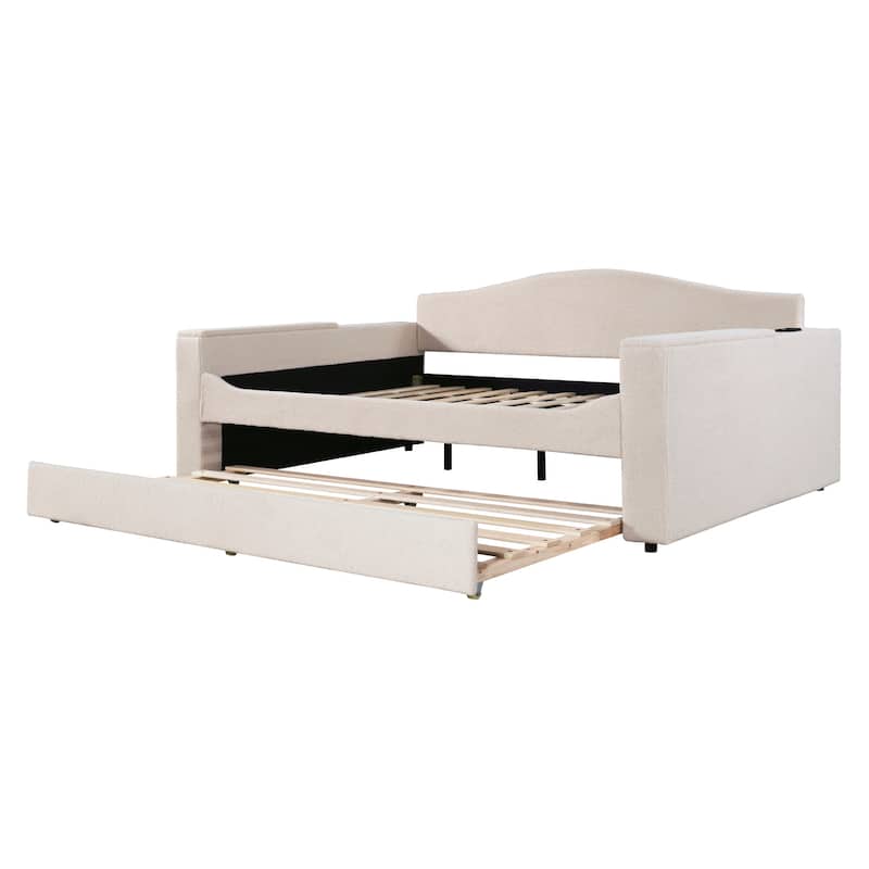 Beige Full Size Daybed with Storage Armrests and Bluetooth Audio