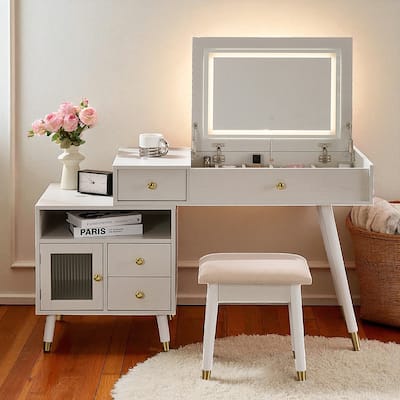 3-in-1 Vanity Desk with Lighted Flip-Top Mirror, Adjustable Side Cabinet, Makeup Table with Stool & Storage Drawers