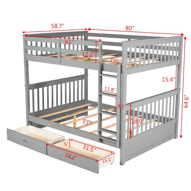 Wooden Bunk Bed with Ladders and 2 Storage Drawers